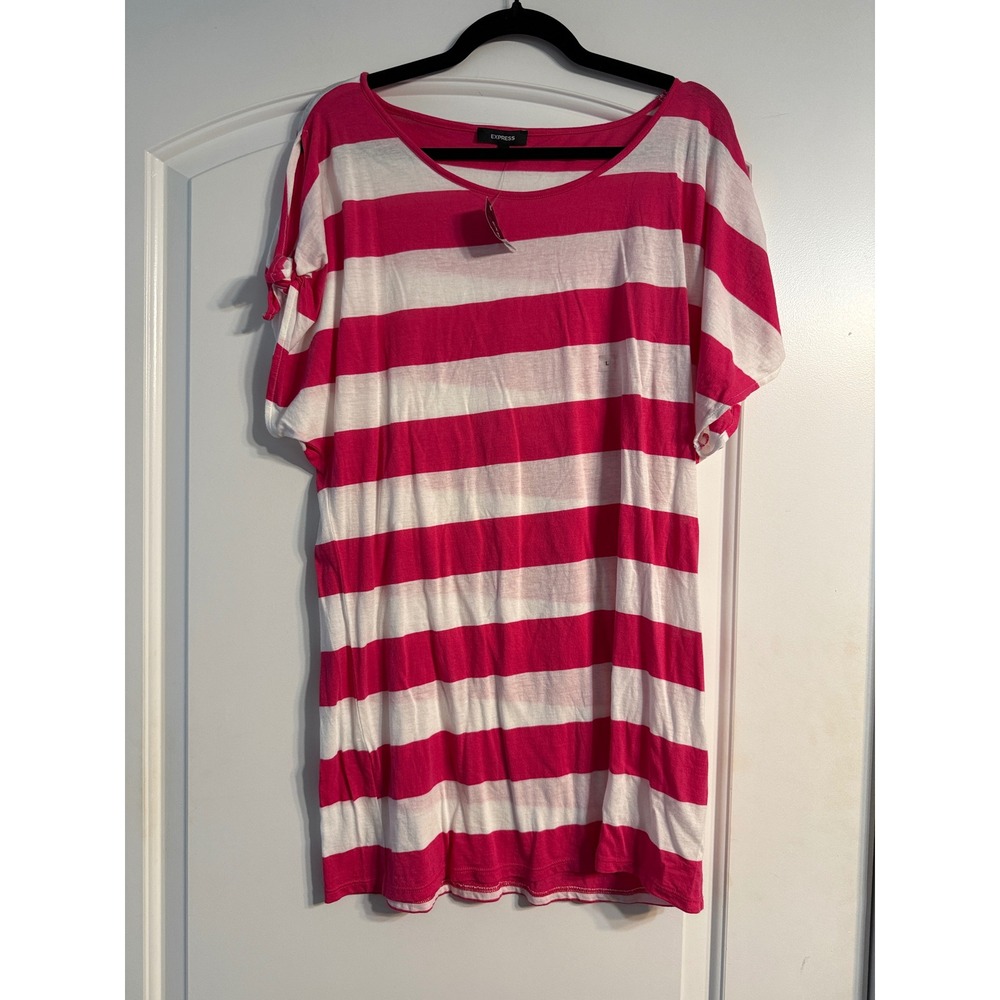 Express Striped Tunic Large Pink New Cold Shoulder Tie Sleeve Scoop Beachy Neck